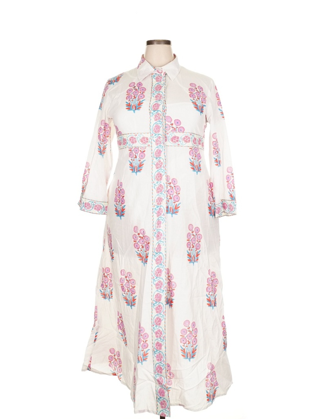 Oliphant White Floral Button-Front Maxi Dress with Pink and Blue Accents